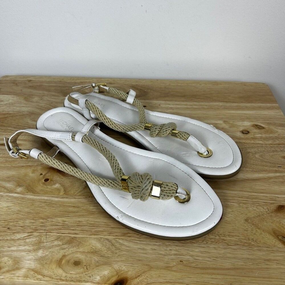 Michael Kors Womens White Leather Rope Thong Sandals Gold Hardware Size 9